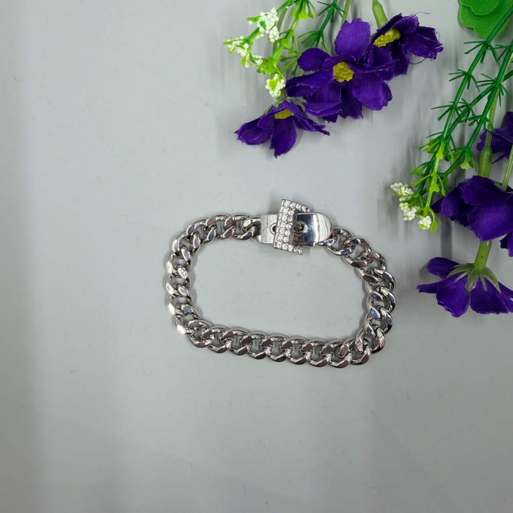 Lia Sophia Signed Silver Chain Buckle Bracelet with Crystal Accents